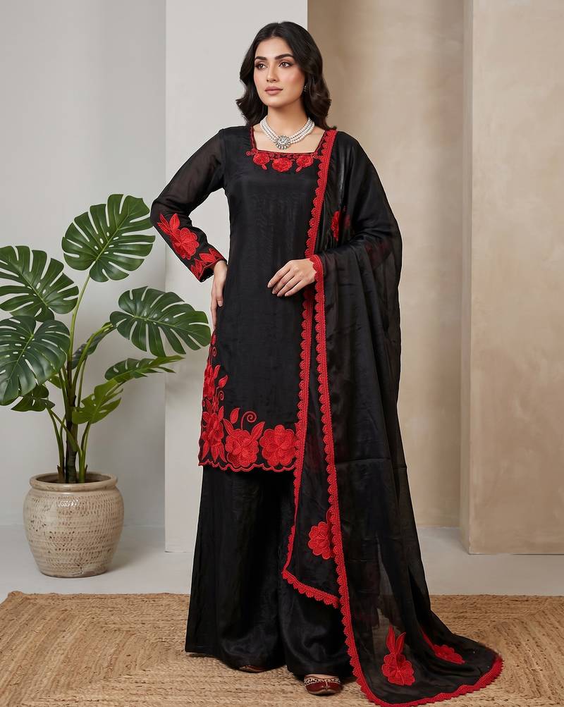 Black & red embroidered designer kurta palazzo set with  dupatta