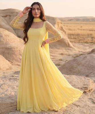Yellow anarkali gown with embroidered net sleeves & dupatta 2