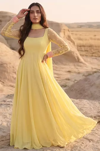 Yellow anarkali gown with embroidered net sleeves & dupatta