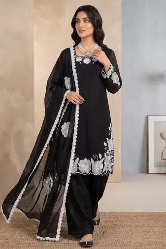 Black & white embroidered designer kurta palazzo set with  dupatta
