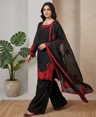 Black & red embroidered designer kurta palazzo set with  dupatta 2