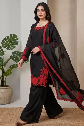Black & red embroidered designer kurta palazzo set with  dupatta
