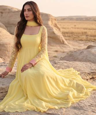 Yellow anarkali gown with embroidered net sleeves & dupatta 3