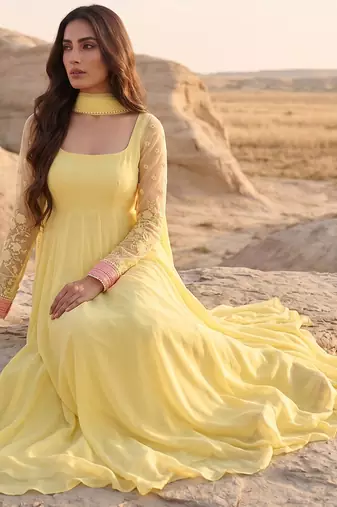 Yellow anarkali gown with embroidered net sleeves & dupatta