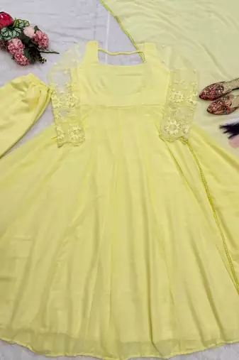 Yellow anarkali gown with embroidered net sleeves & dupatta