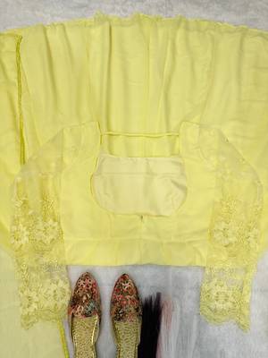 Yellow anarkali gown with embroidered net sleeves & dupatta 5
