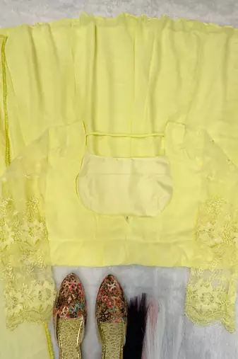 Yellow anarkali gown with embroidered net sleeves & dupatta