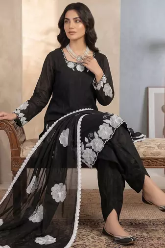 Black & white embroidered designer kurta palazzo set with  dupatta