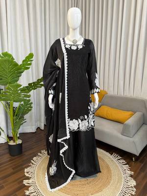 Black & white embroidered designer kurta palazzo set with  dupatta 4