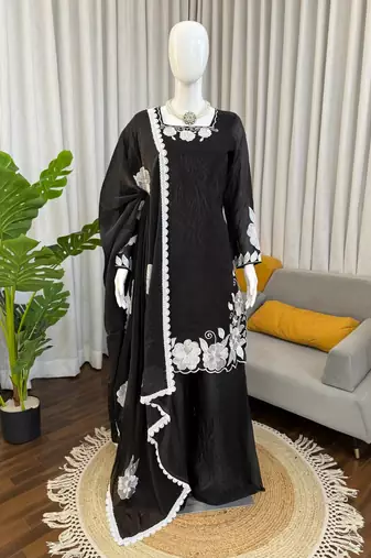 Black & white embroidered designer kurta palazzo set with  dupatta