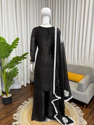 Black & white embroidered designer kurta palazzo set with  dupatta 5