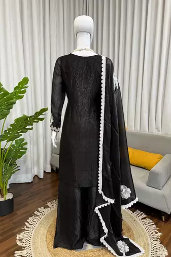 Black & white embroidered designer kurta palazzo set with  dupatta