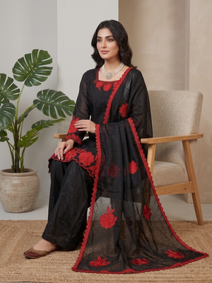 Black & red embroidered designer kurta palazzo set with  dupatta 3