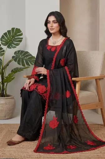 Black & red embroidered designer kurta palazzo set with  dupatta