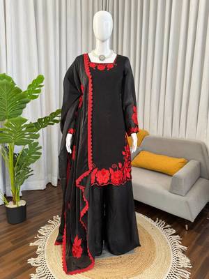 Black & red embroidered designer kurta palazzo set with  dupatta 4