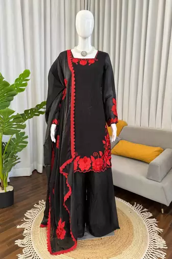 Black & red embroidered designer kurta palazzo set with  dupatta