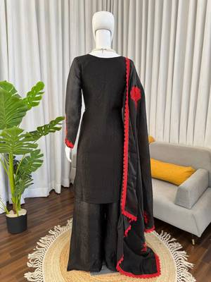 Black & red embroidered designer kurta palazzo set with  dupatta 5