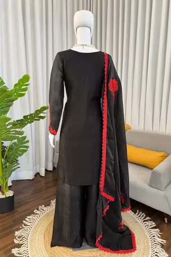 Black & red embroidered designer kurta palazzo set with  dupatta