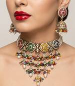 kundan choker jewelry set with jhumkas & maang tikka for women