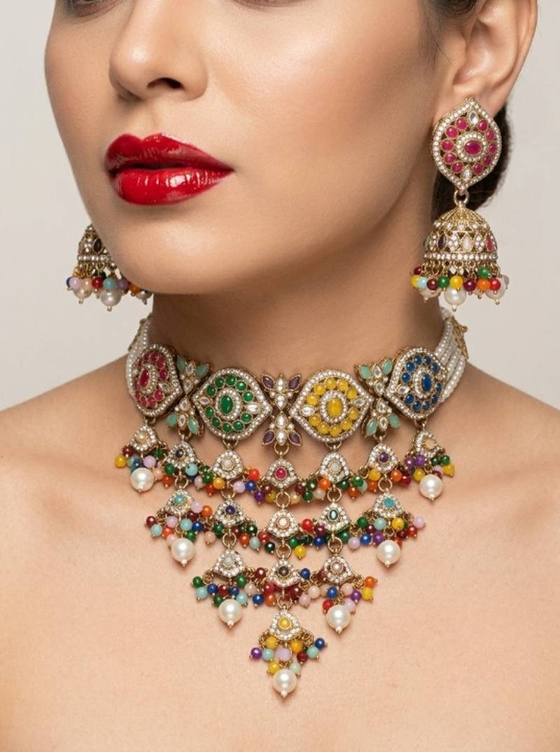 kundan choker jewelry set with jhumkas & maang tikka for women