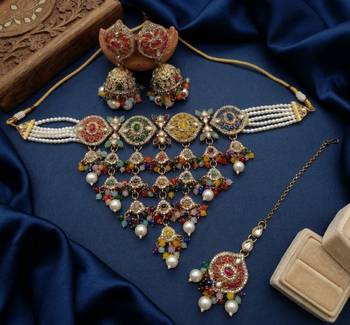 kundan choker jewelry set with jhumkas & maang tikka for women 4