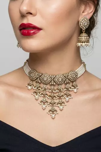 kundan choker jewelry set with jhumkas & maang tikka for women 
