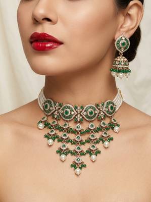 kundan choker jewelry set with jhumkas & maang tikka for women  1