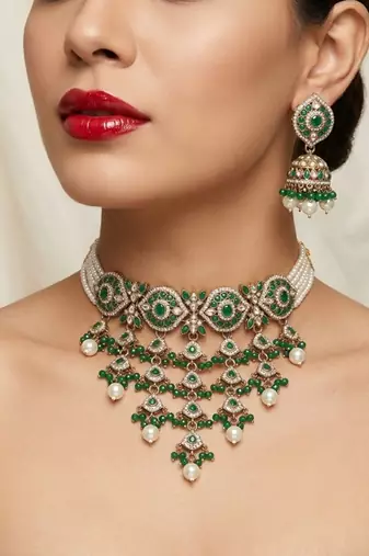 kundan choker jewelry set with jhumkas & maang tikka for women 