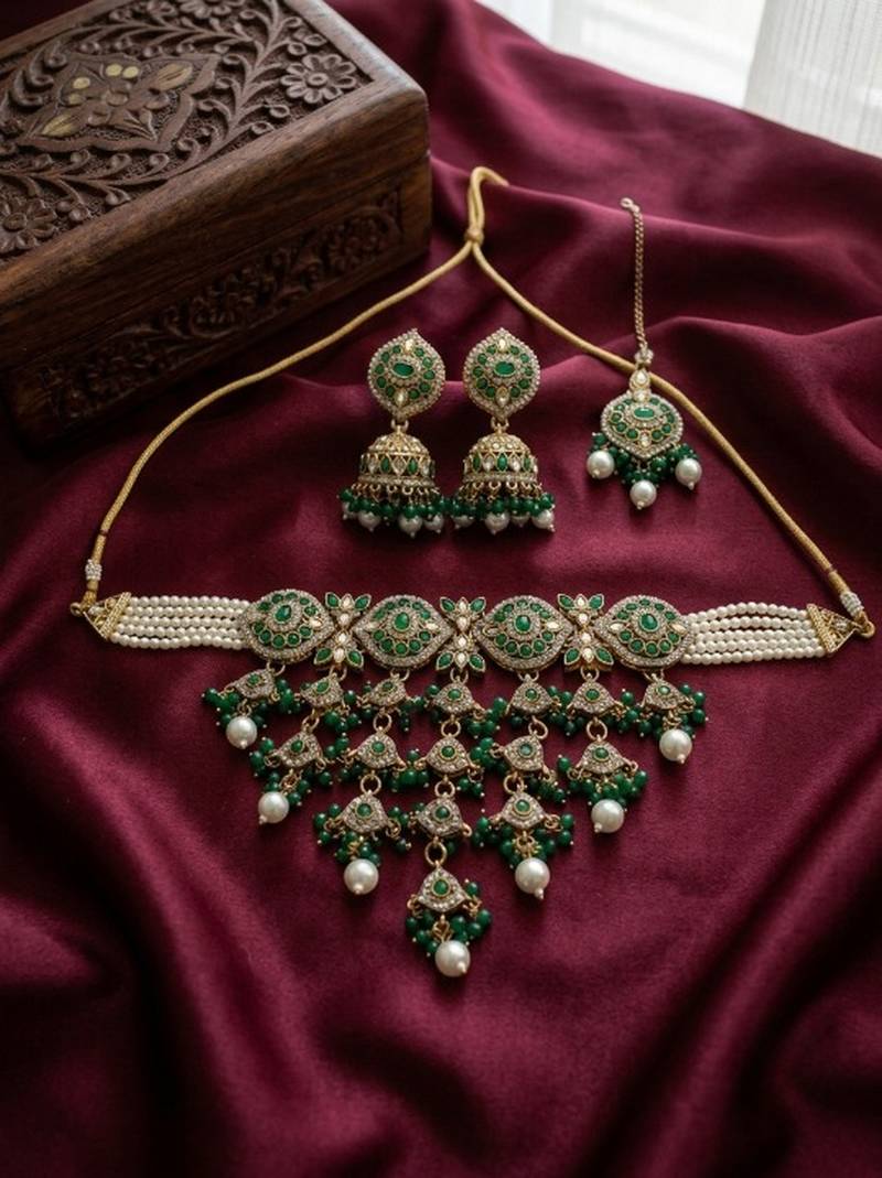kundan choker jewelry set with jhumkas & maang tikka for women 