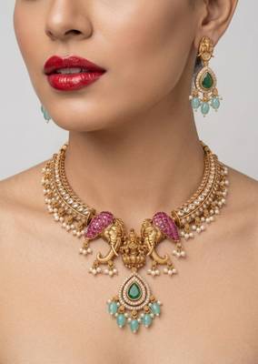 antique gold temple jewelry set with  elephant kundan & mint green beads 1