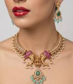 antique gold temple jewelry set with  elephant kundan & mint green beads