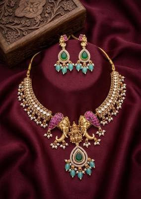antique gold temple jewelry set with  elephant kundan & mint green beads 2