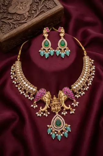 antique gold temple jewelry set with  elephant kundan & mint green beads