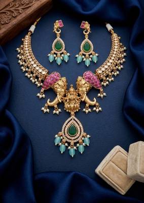 antique gold temple jewelry set with  elephant kundan & mint green beads 3