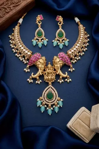 antique gold temple jewelry set with  elephant kundan & mint green beads