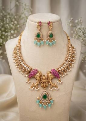 antique gold temple jewelry set with  elephant kundan & mint green beads 4