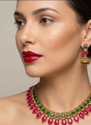 Gold plated ruby & green indian jewelry set: traditional necklace with jhumka  1