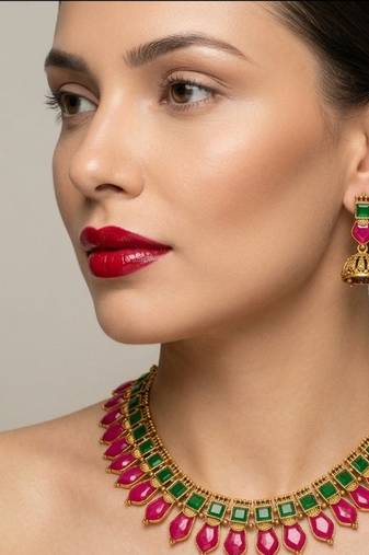 Gold plated ruby & green indian jewelry set: traditional necklace with jhumka 
