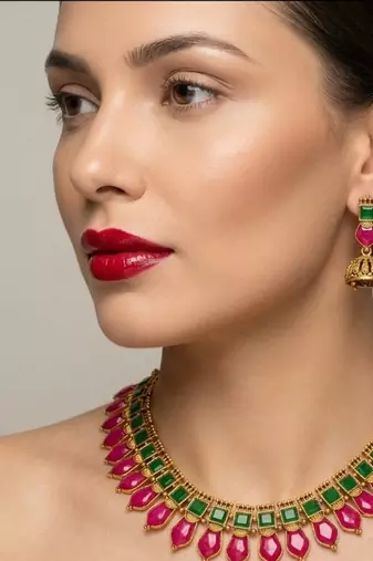 Gold plated ruby & green indian jewelry set: traditional necklace with jhumka 