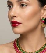 Gold plated ruby & green indian jewelry set: traditional necklace with jhumka 