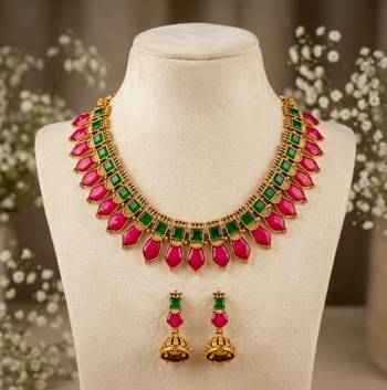 Gold plated ruby & green indian jewelry set: traditional necklace with jhumka  2