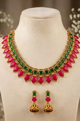 Gold plated ruby & green indian jewelry set: traditional necklace with jhumka 