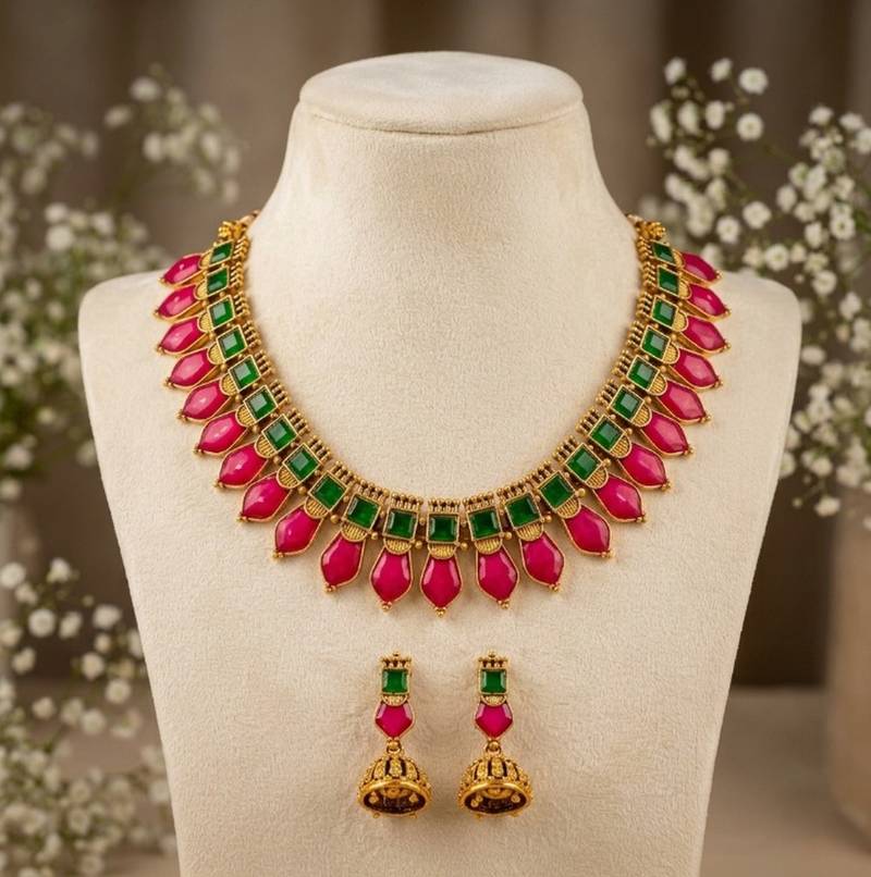 Gold plated ruby & green indian jewelry set: traditional necklace with jhumka 