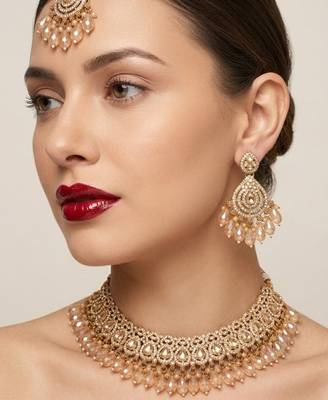 gold champagne indian jewelry set: choker necklace, earrings & maang tikka 1