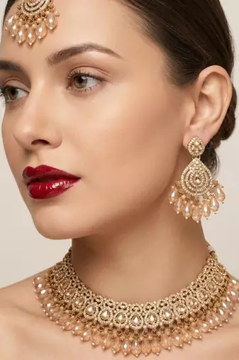 gold champagne indian jewelry set: choker necklace, earrings & maang tikka