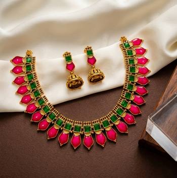 Gold plated ruby & green indian jewelry set: traditional necklace with jhumka  3