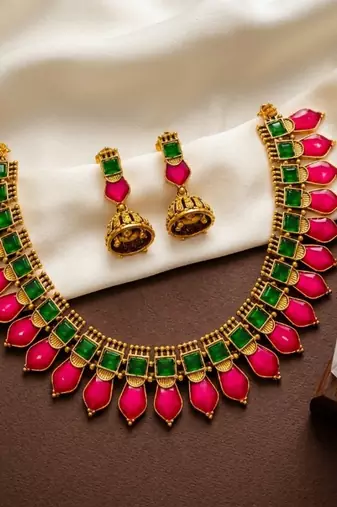 Gold plated ruby & green indian jewelry set: traditional necklace with jhumka 