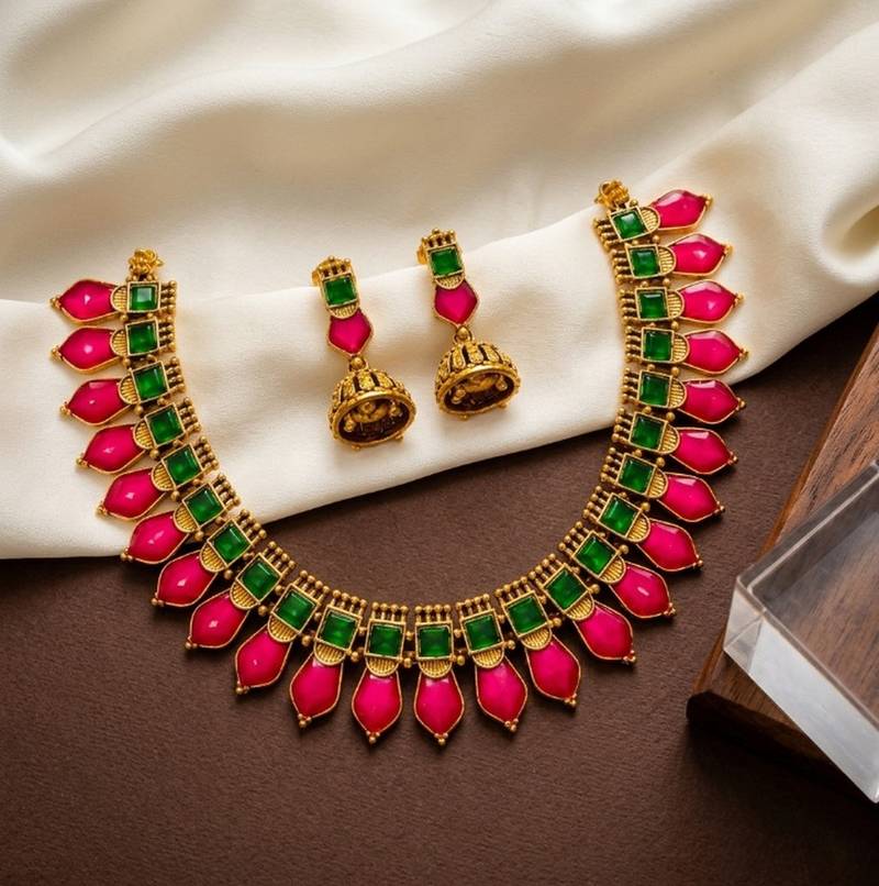 Gold plated ruby & green indian jewelry set: traditional necklace with jhumka 