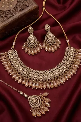 gold champagne indian jewelry set: choker necklace, earrings & maang tikka