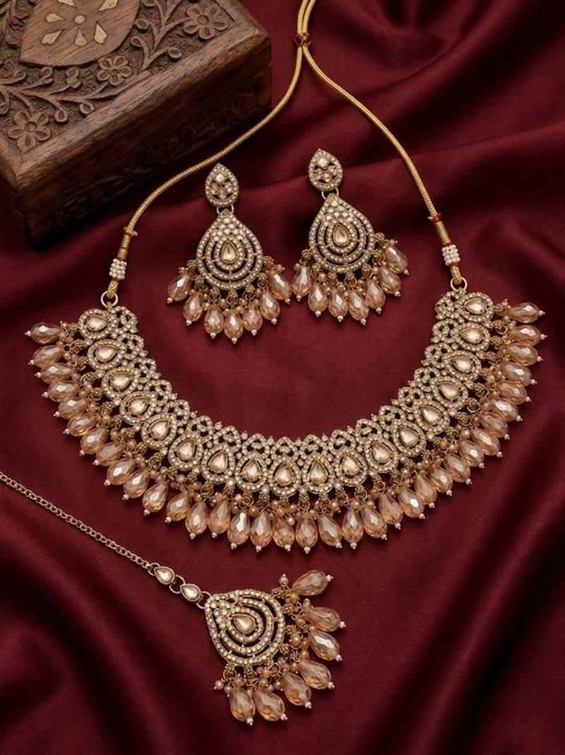 gold champagne indian jewelry set: choker necklace, earrings & maang tikka